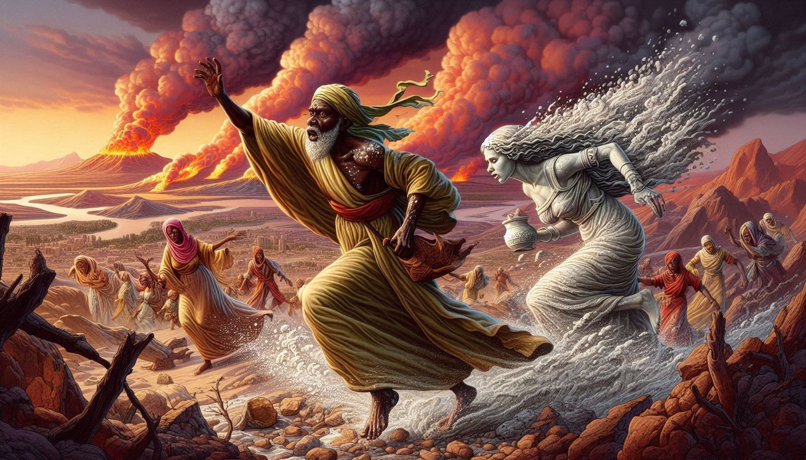 Lot fleeing from the destruction of Sodom and Gomorrah