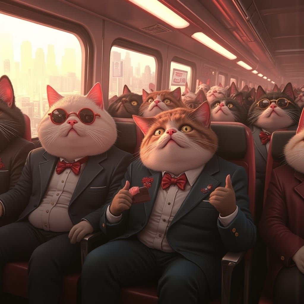<lora:Cats on Rails:1.0> Cute anthropomorphic cats on a crowded train sleeping on the seats while sitting