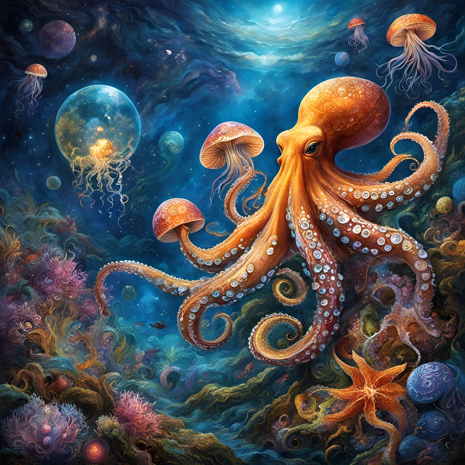 Octopus juggling with Jellyfishes, having Fun! AI Generated Artwork