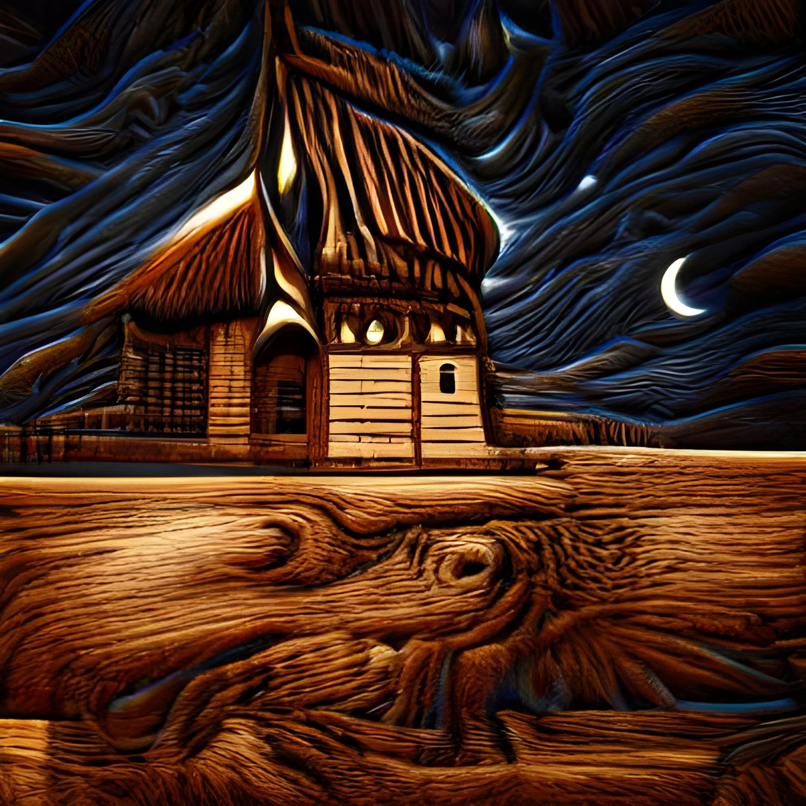 the wooden church of the night 8k resolution beautiful woodcut