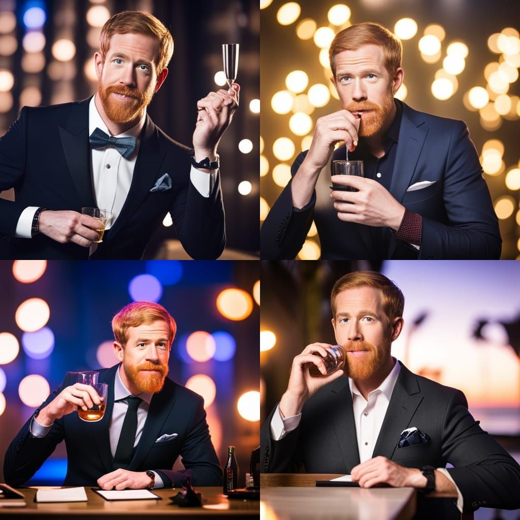 andrew santino comedian, drinking whiskey, sign that says whiskey ginger in background AI