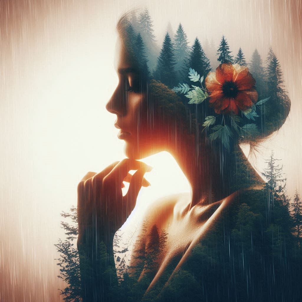 double exposure beautiful fantasy DALL-E 3 portrait landscape..