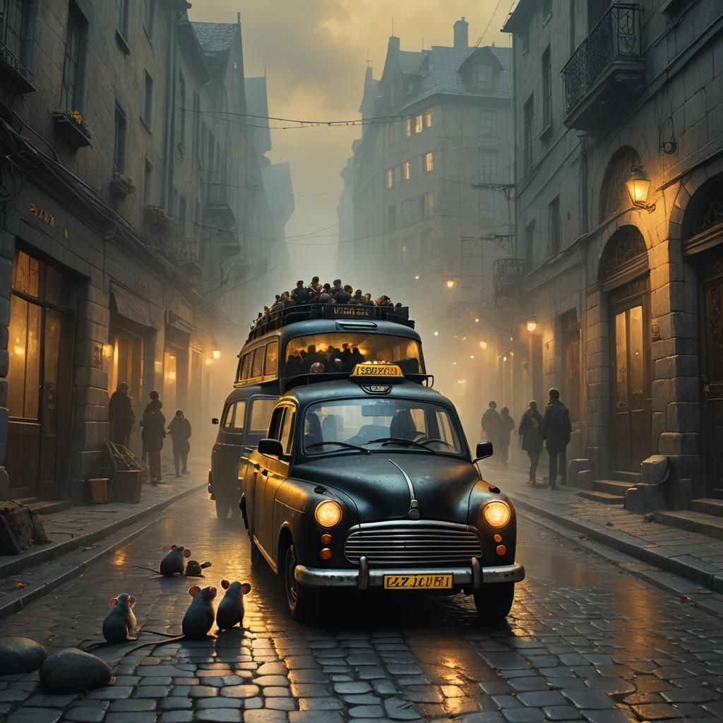 Children in Taxi with Crying Mouse, Fantasy Art