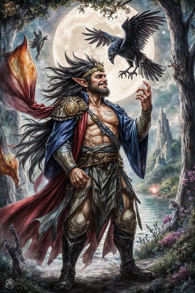 Wealthy Elf Wizard & Raven