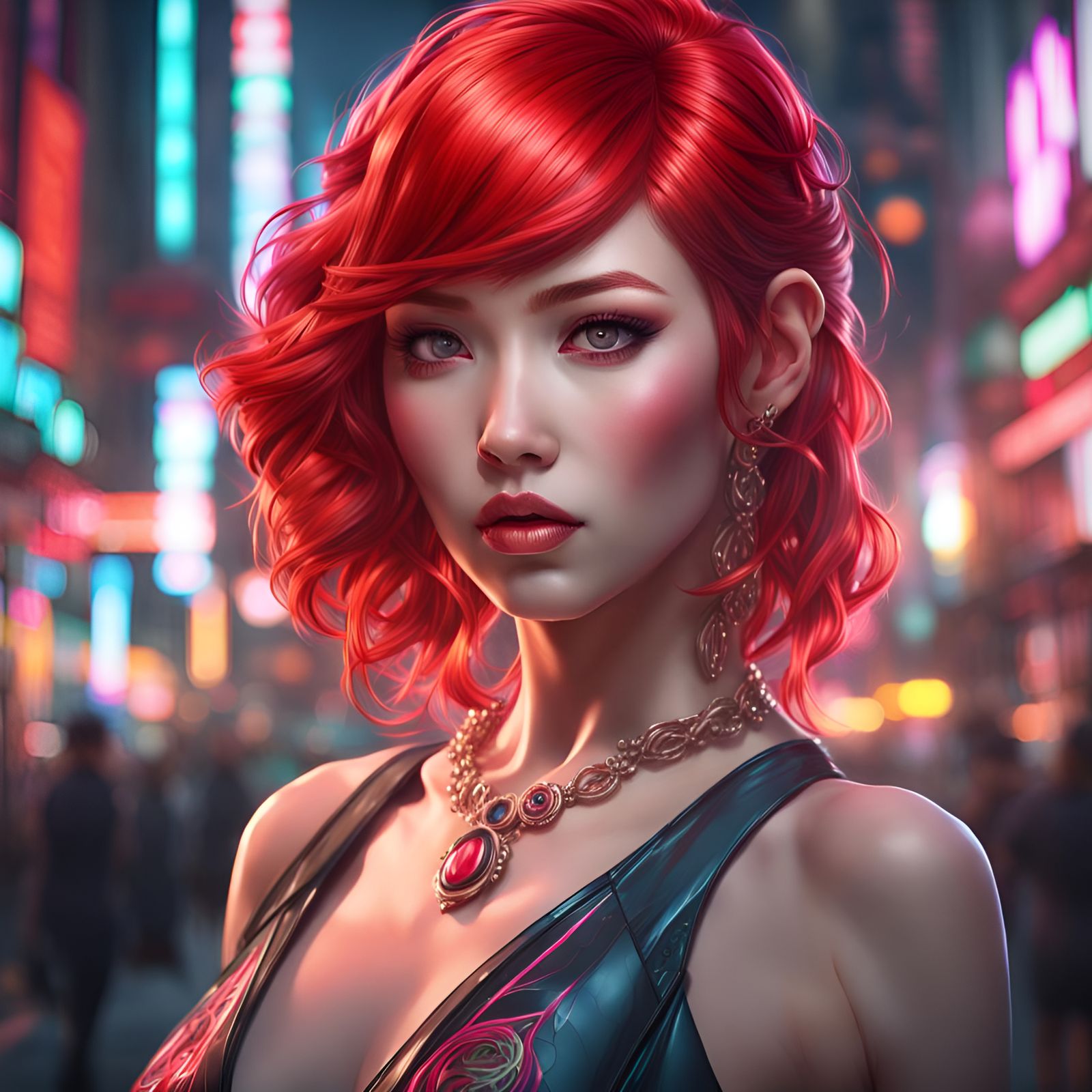 glamorous young Japanese pin up girl, bright red hair, vibrant eyes