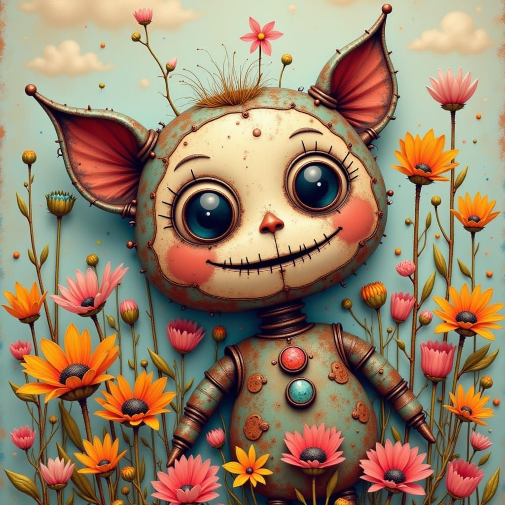 <lora:RustyMetalSurrealism:1.0> A whimsical ink drawing of a cute voodoo doll with patches and stitches and hand-sewn edges, lying in a fiel...