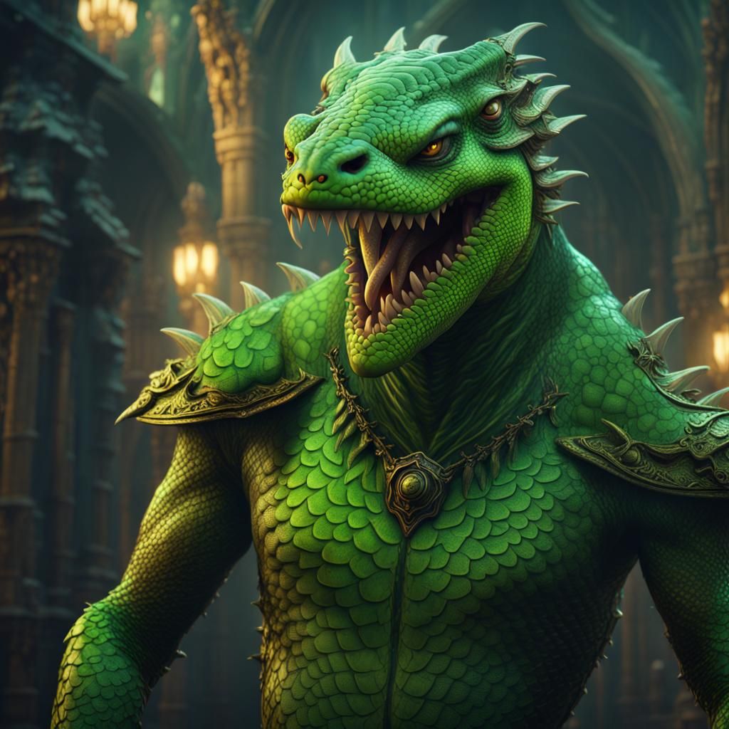 a human with bright green reptile scales and fangs