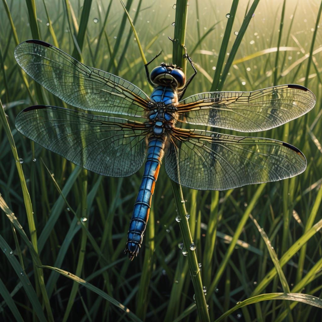 Dragonfly Perched on Grass in Hyperdetailed Charcoal Drawing