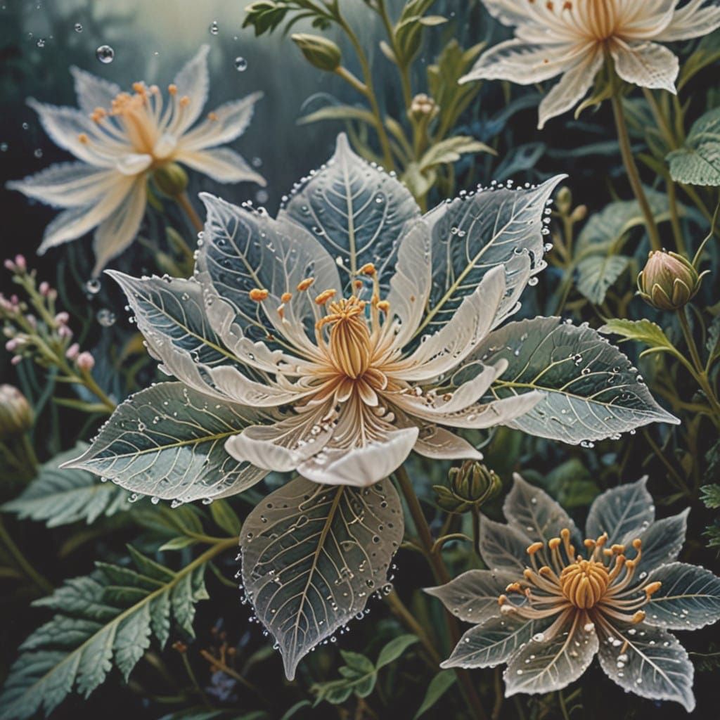 Hyperdetailed Metaphysical Painting (ethereal translucent lacey petals:3) dreamy botanical illustration ...  by @g r r c