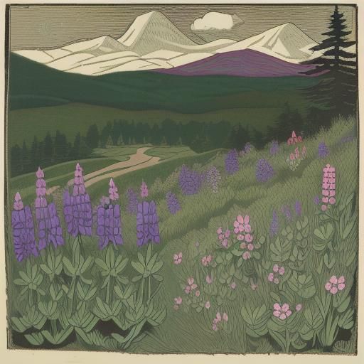 Posada inspired woodcut of a Vermont landscape. spring wildf...