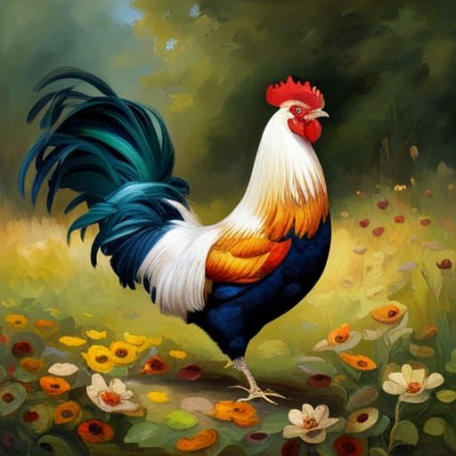 In a lush green garden, a stunning bantam rooster stands tall and proud ...