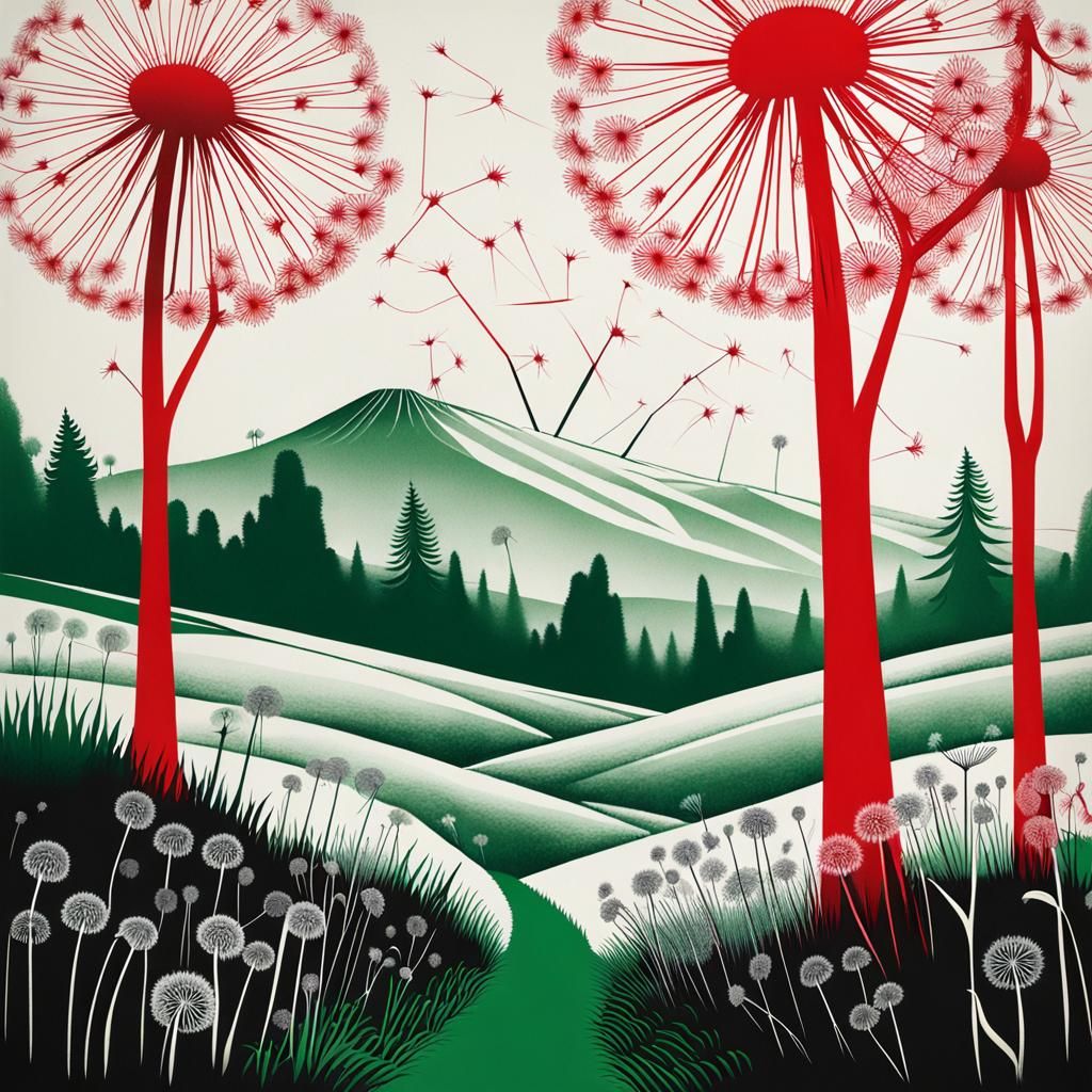 Visualize a surreal childlike landscape, dandelions,   red f...