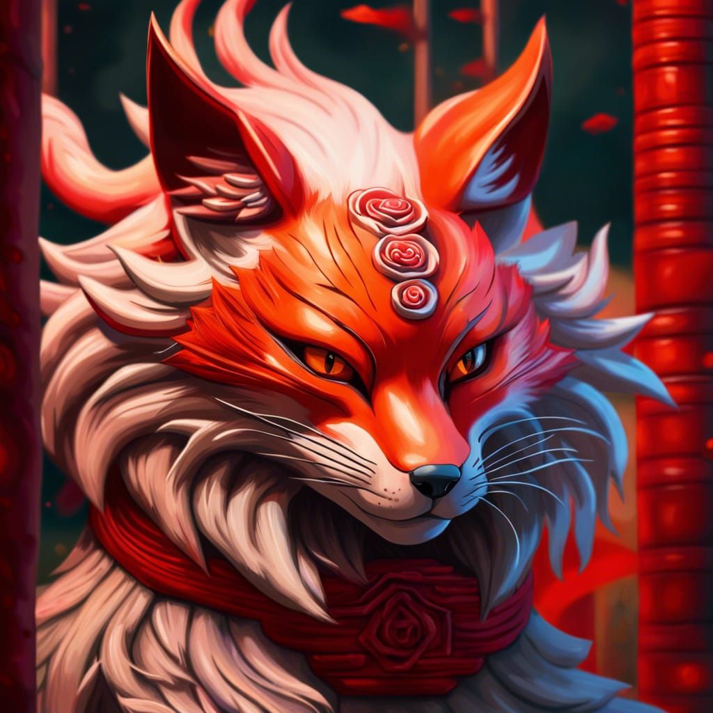 fox with red cat eyes on a japanese shrine   by @Daisuky