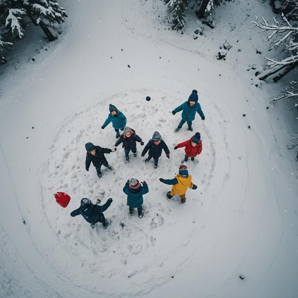 Small kids throwing snowballs in a heavy snowfall top view