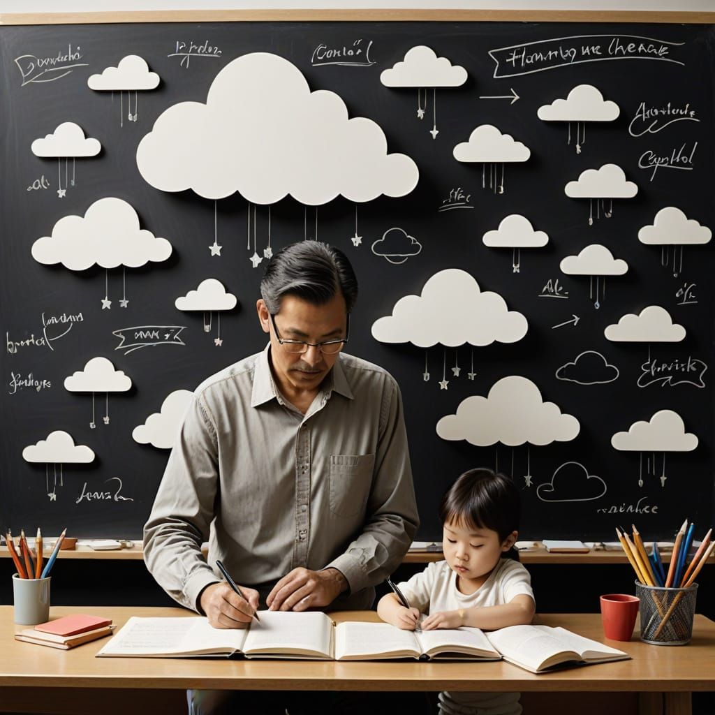 Father Teaches Child at Blackboard with Themed Objects