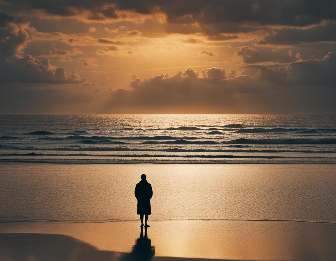 A solitary figure on a vast, empty beach at sunset, gazing o...