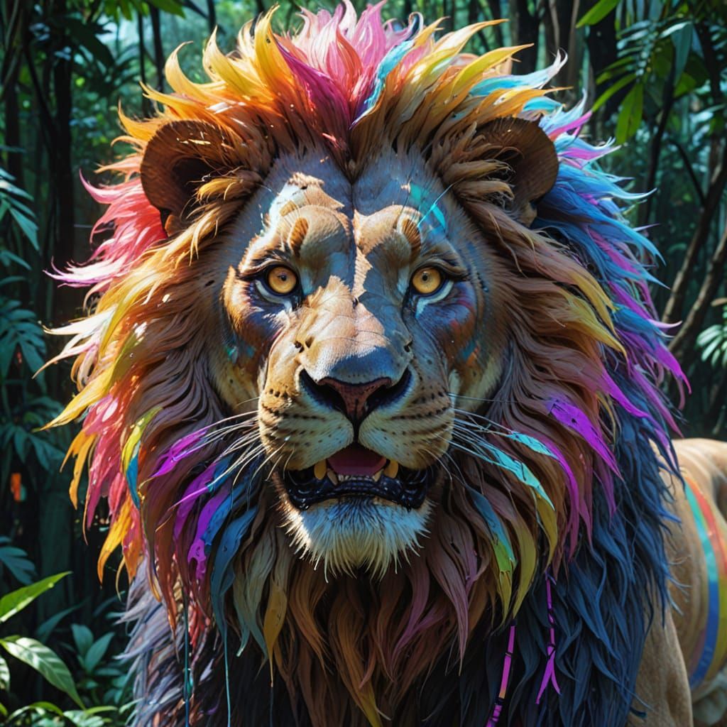 Glitch art portrait. A majestic lion with a rainbow mane and glowing cybernetic implants roars in a vibrant jungle. Digital glitching distor...