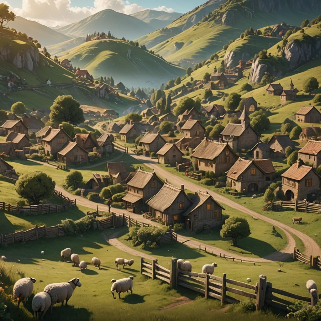 Whimsical Village with Farmlands in Fantasy Style