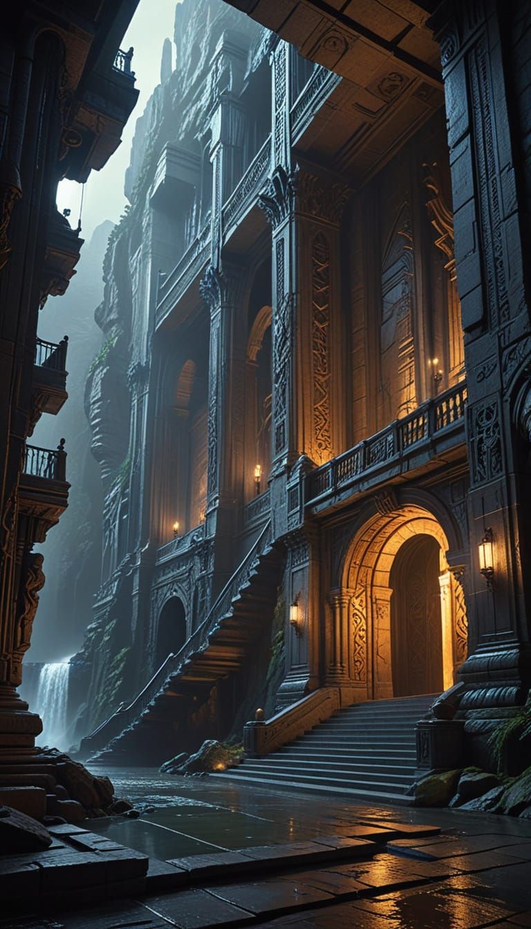 Cyberpunk Cityscape with Grand Waterfall