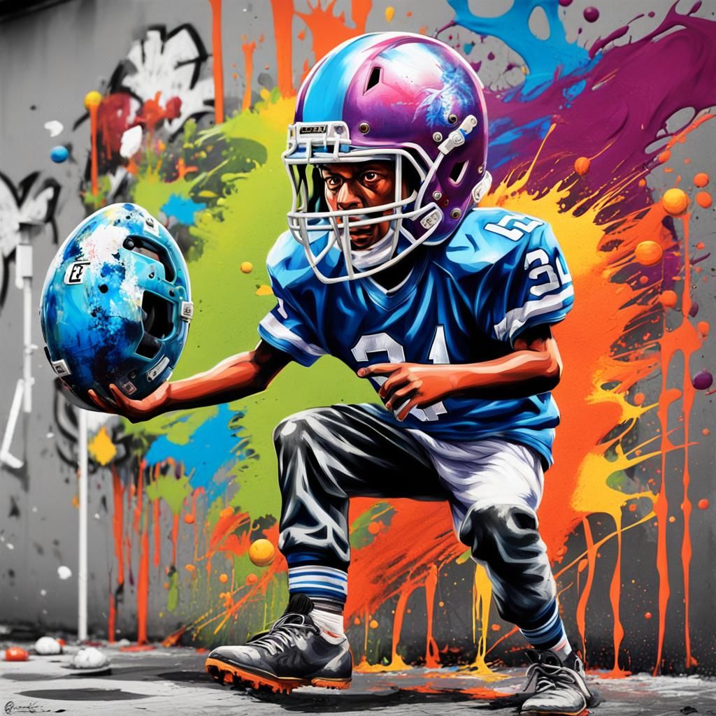 a kid playing football holding a football helmet in his hand