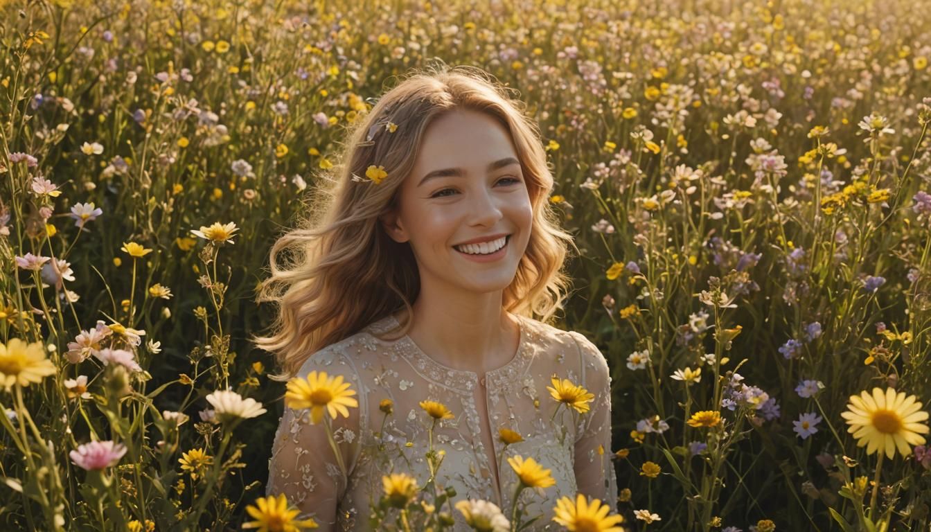 Dreamy Smiling Face in Golden Flower Field