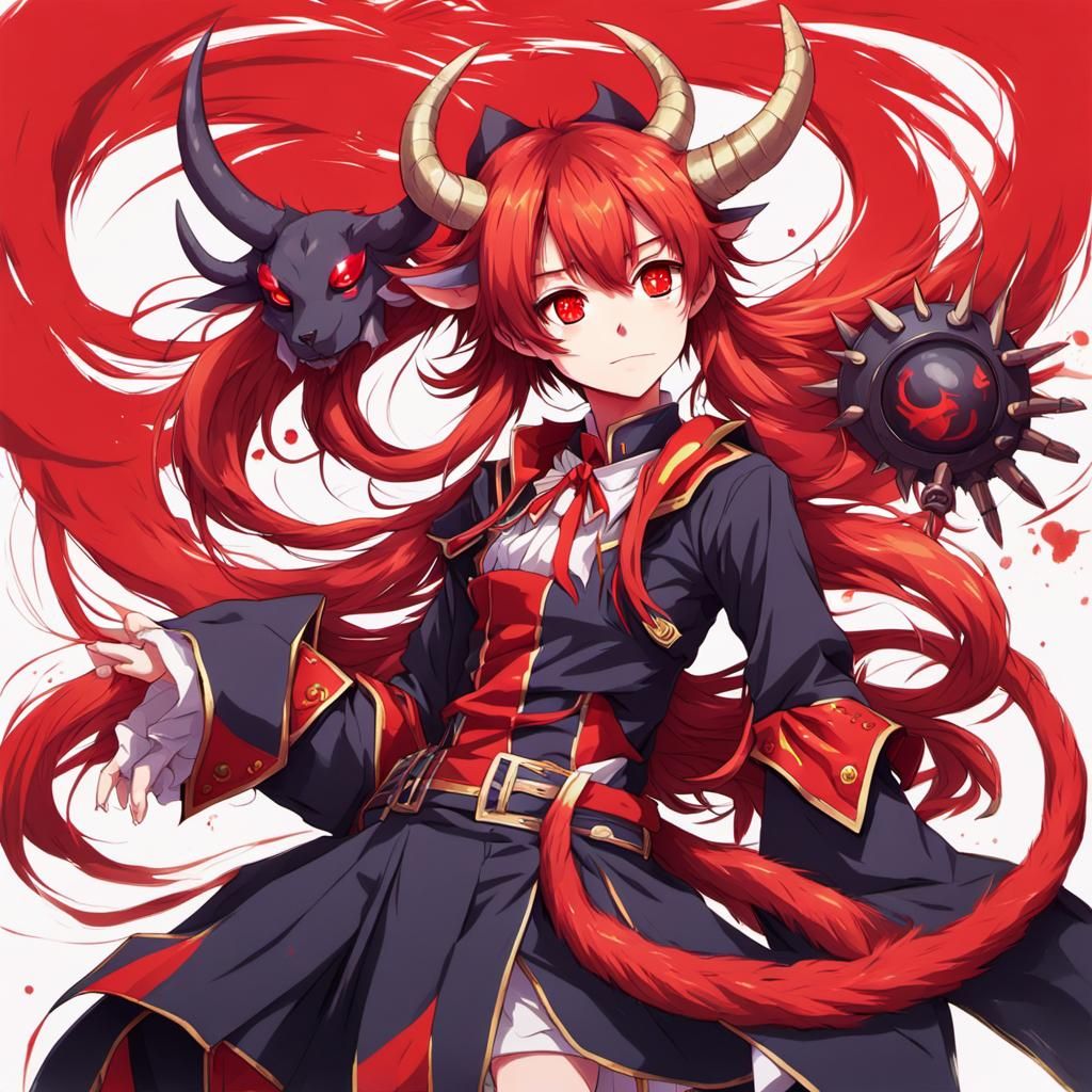 A person with bright red  horns and a  tail