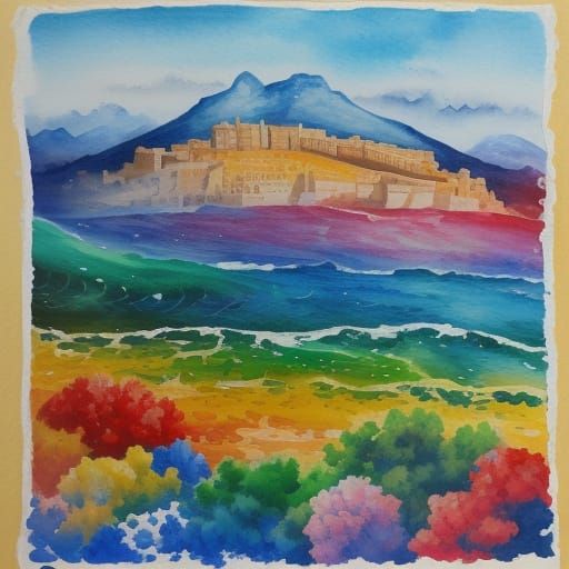 Red Piano Under Bridge in Gouache Impressionist Style