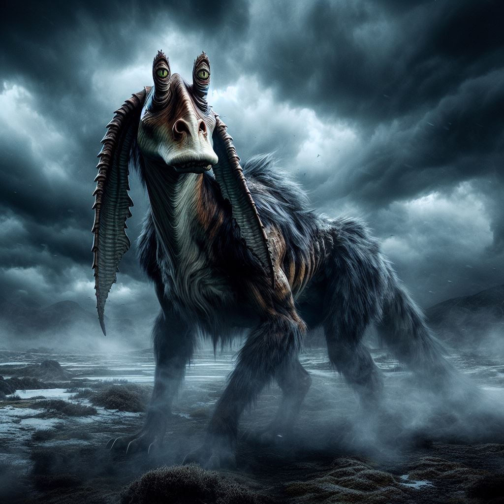 fusion of Jar Jar Binks from Star Wars and a werewolf