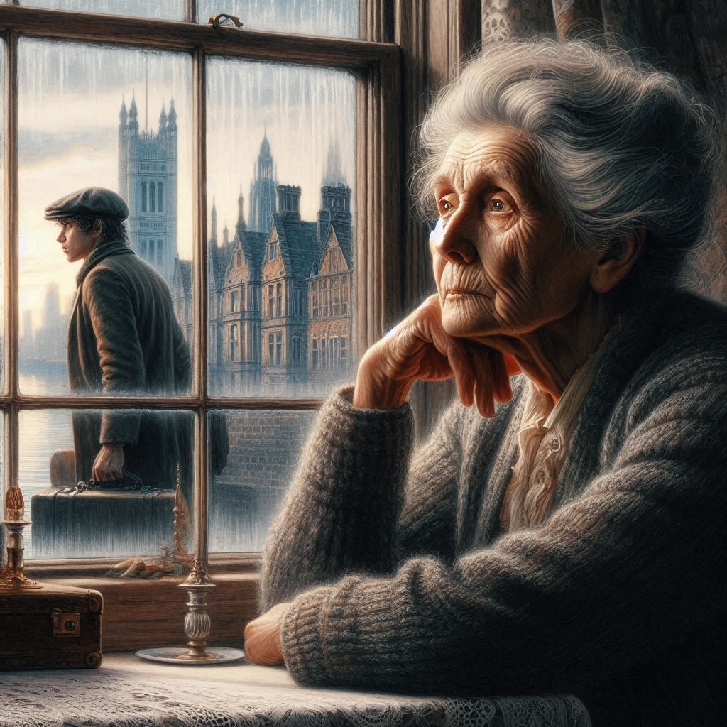 Portrait of an old woman looking thoughtfully out the window, while in the background her grown-up son is on his way to ...