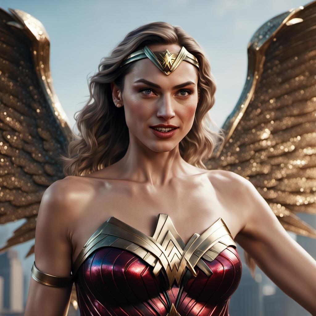 My crazy wife IRINA thinks is a BLONDE gal gadot|wearing wonder woman  84|(SMILEY FACE:1.7)|transparent sparkly wings|detailed matte painting... -  AI Generated Artwork - NightCafe Creator