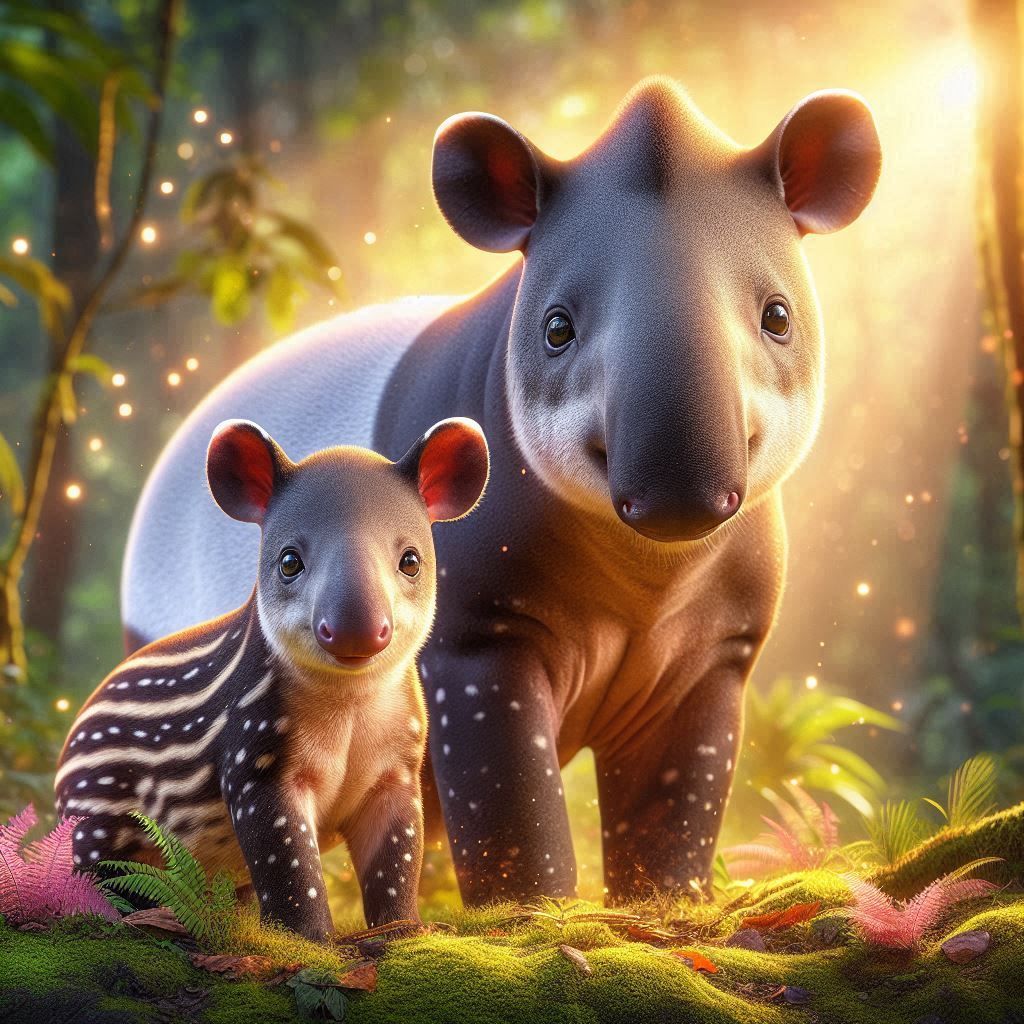 Cute little baby Tapir with mom (Malayan species)