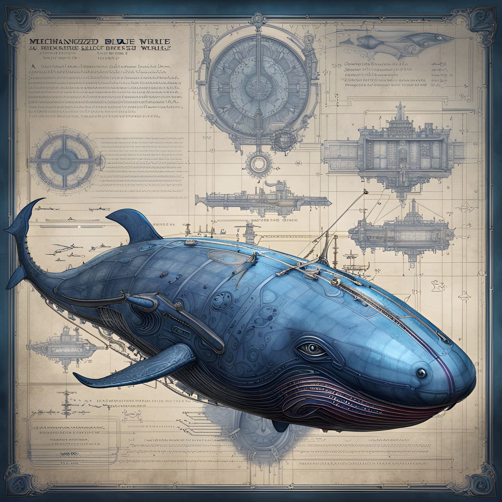 A mechanized Blue Whale blueprint - AI Generated Artwork - NightCafe ...