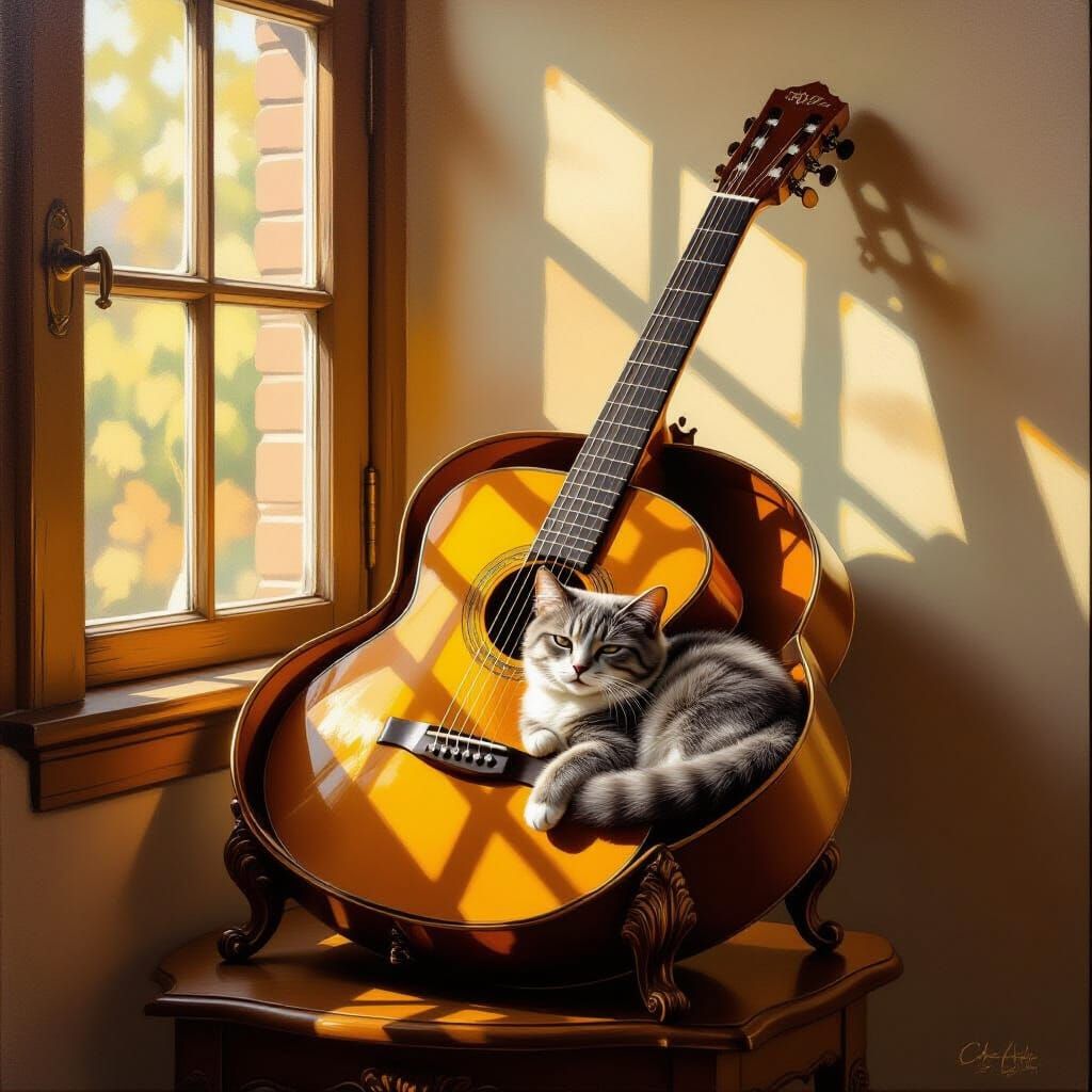 An acoustic guitar on an old stand with an open bottom and a gray cat lying inside it.