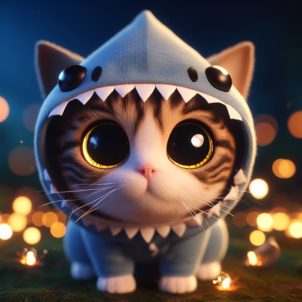 cute cat wearing a shark costume, gorgeous eyes