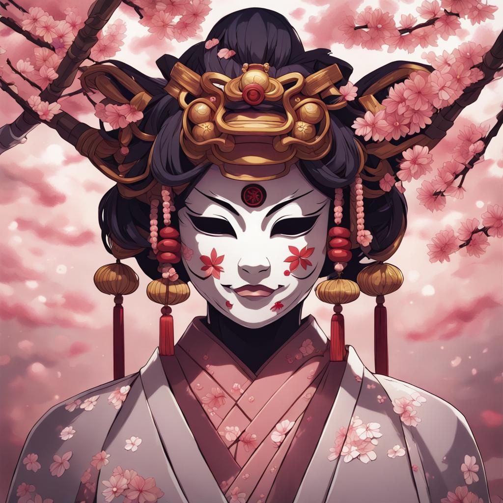 Anime Oni Mask with Sakura Petals