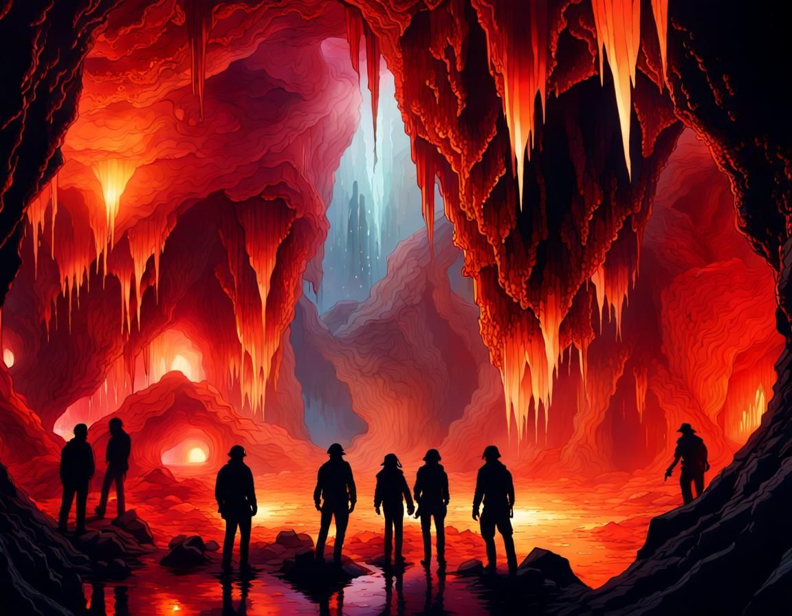 A GROUP OF EXPLOERERS INSIDE A MASSIVE Hellish underground cavern