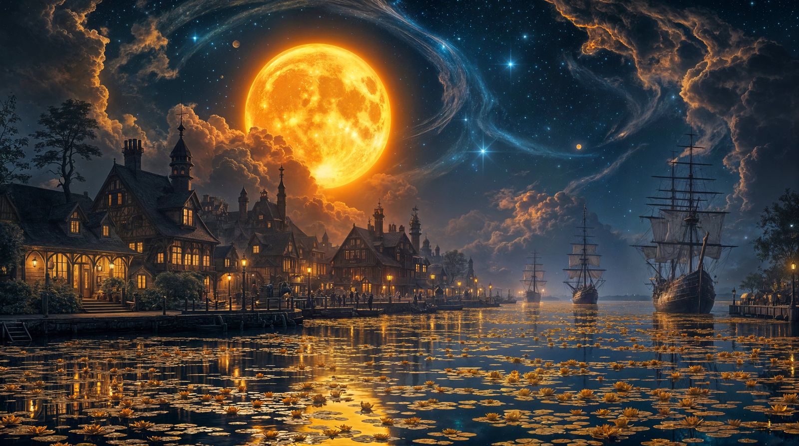 Fantasy harbor town at night (9 likes)  by @Francis H