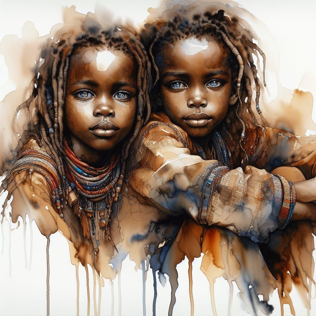 African Siblings in Intimate Watercolor Portrait