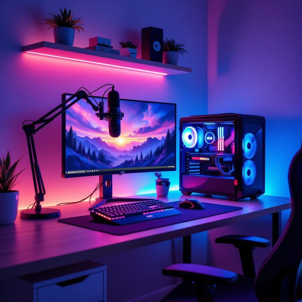 Make a gaming setup that has one monitor, it’s on a corner desk in between two walls, there is a shelf right above the monitor, microphone o...