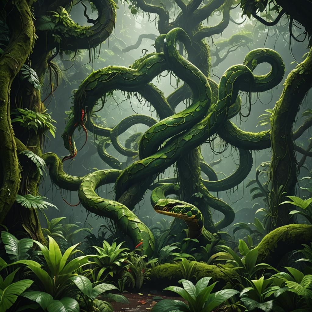 A green lush rain forest with snakes and bush