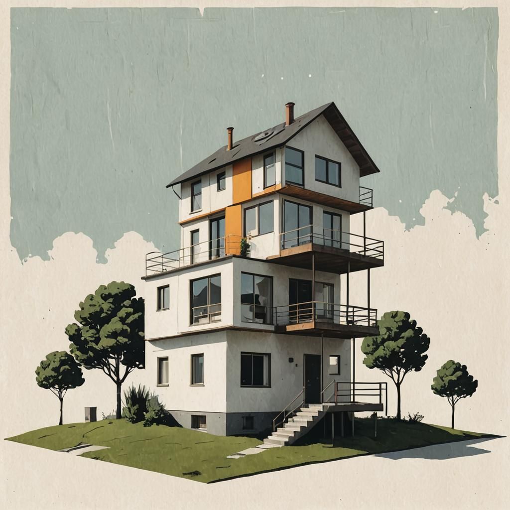 functional house, collage, simple, minimalistic, illustratio...