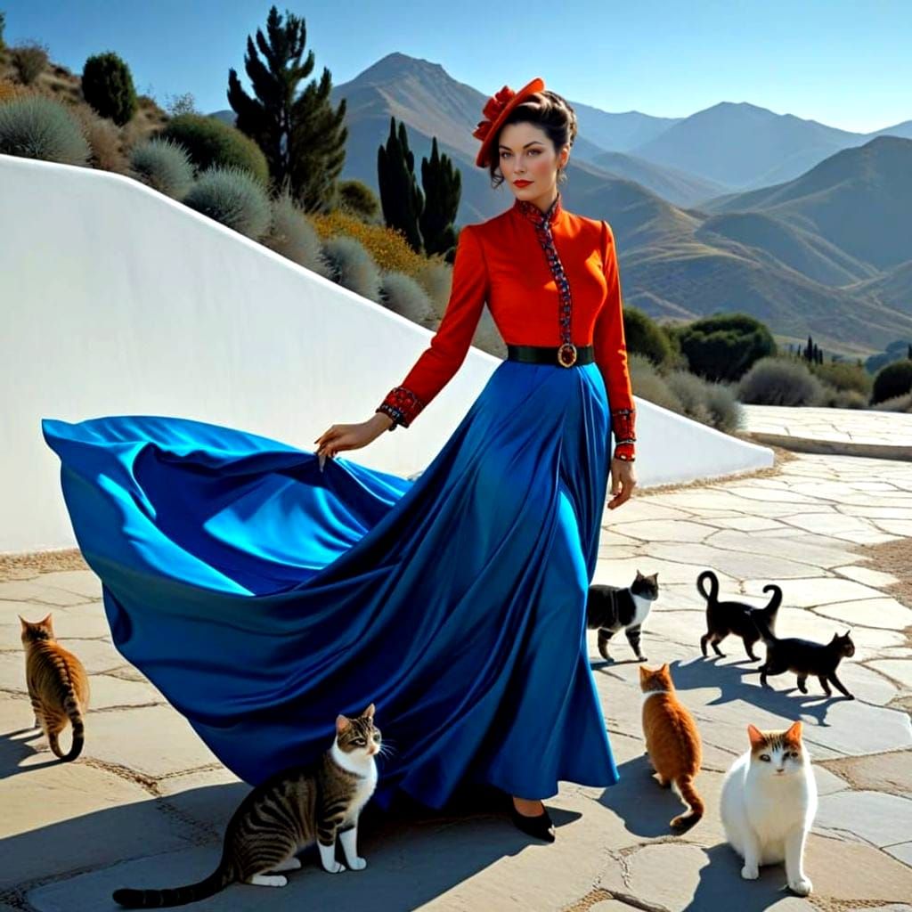 Surrealistic Portrait of Elegant Lady and Cats in Vibrant La...