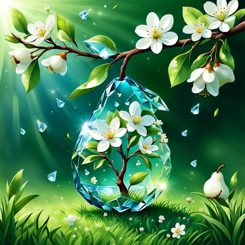 a crystal pear inside, a beautiful branch with a pear flower, and around it there is beautiful grass ...  by @GRAZYNA-BARBARA