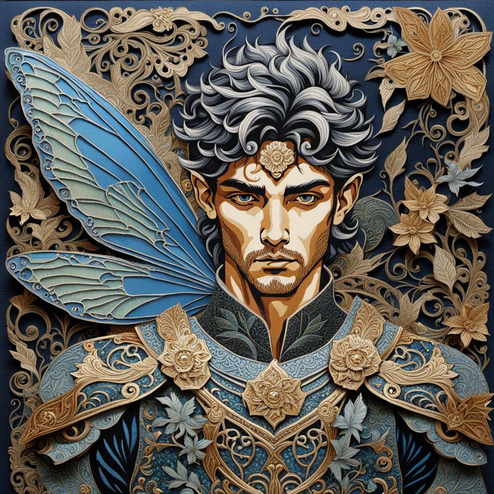 A handsome warrior fairy prince with metallic accents 3D paper collage ...