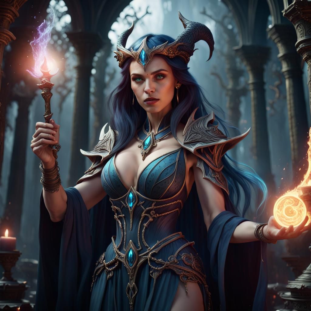 Dark sorceress doing her magick detailed matte painting, deep color, fantastical, intricate detail, splash ...  by @Crimsonsky
