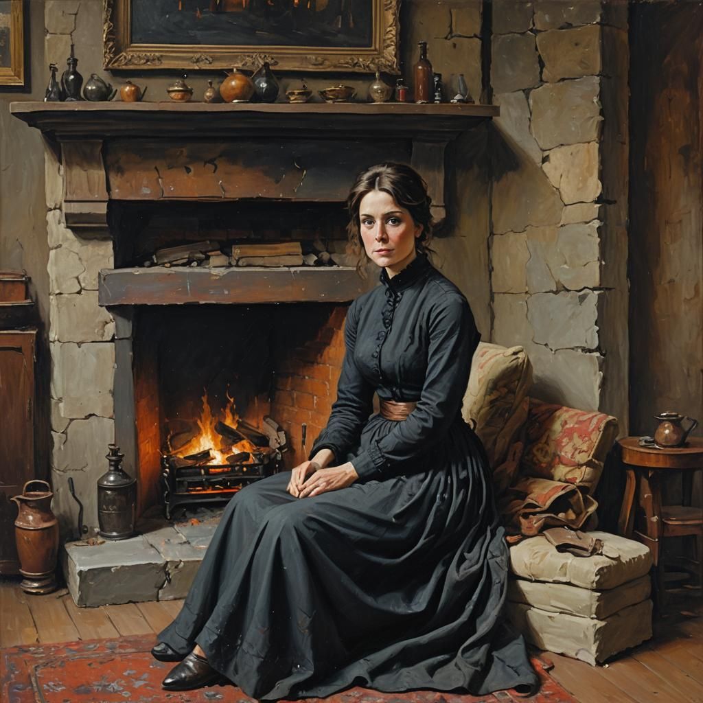 Woman by Fireplace in Oil Painting Style