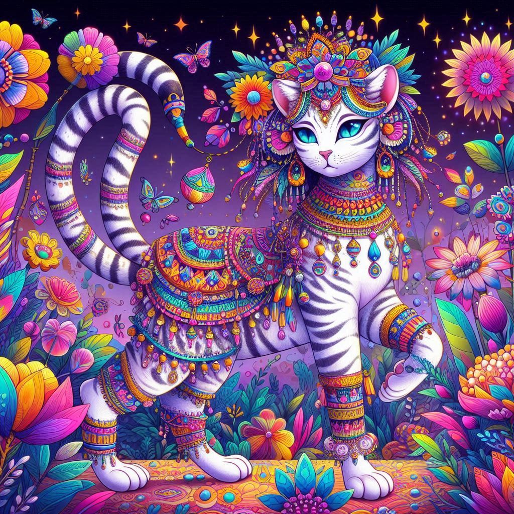 A whimsical goth Quetzalcoatl cat woman adorned with intricate, colorful details, presented in a vibrant cutecore aesthetic. The scene is ri...