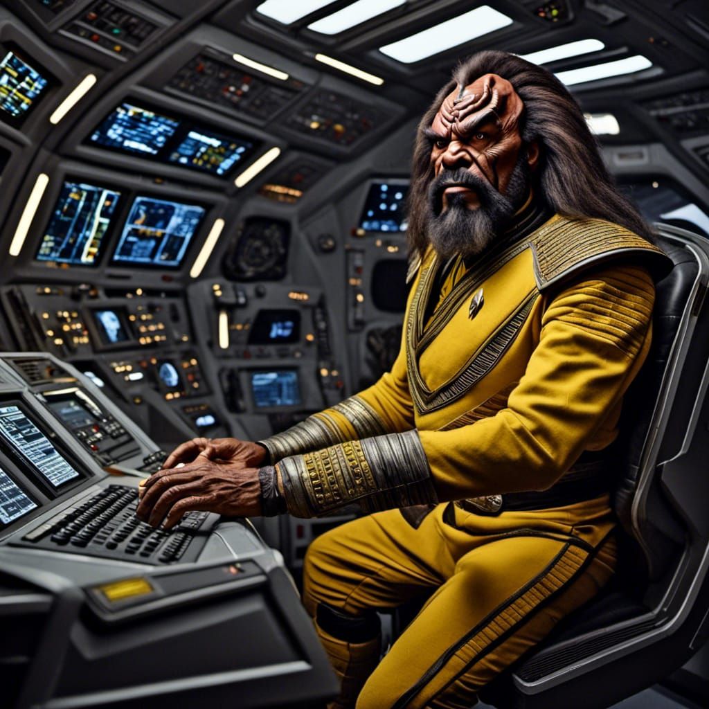 <lora:Klingons:1.0> Insanely detailed portrait of the Klingon warrior Worf from Star Trek The Next Generation wearing yellow TNG Starfleet u...