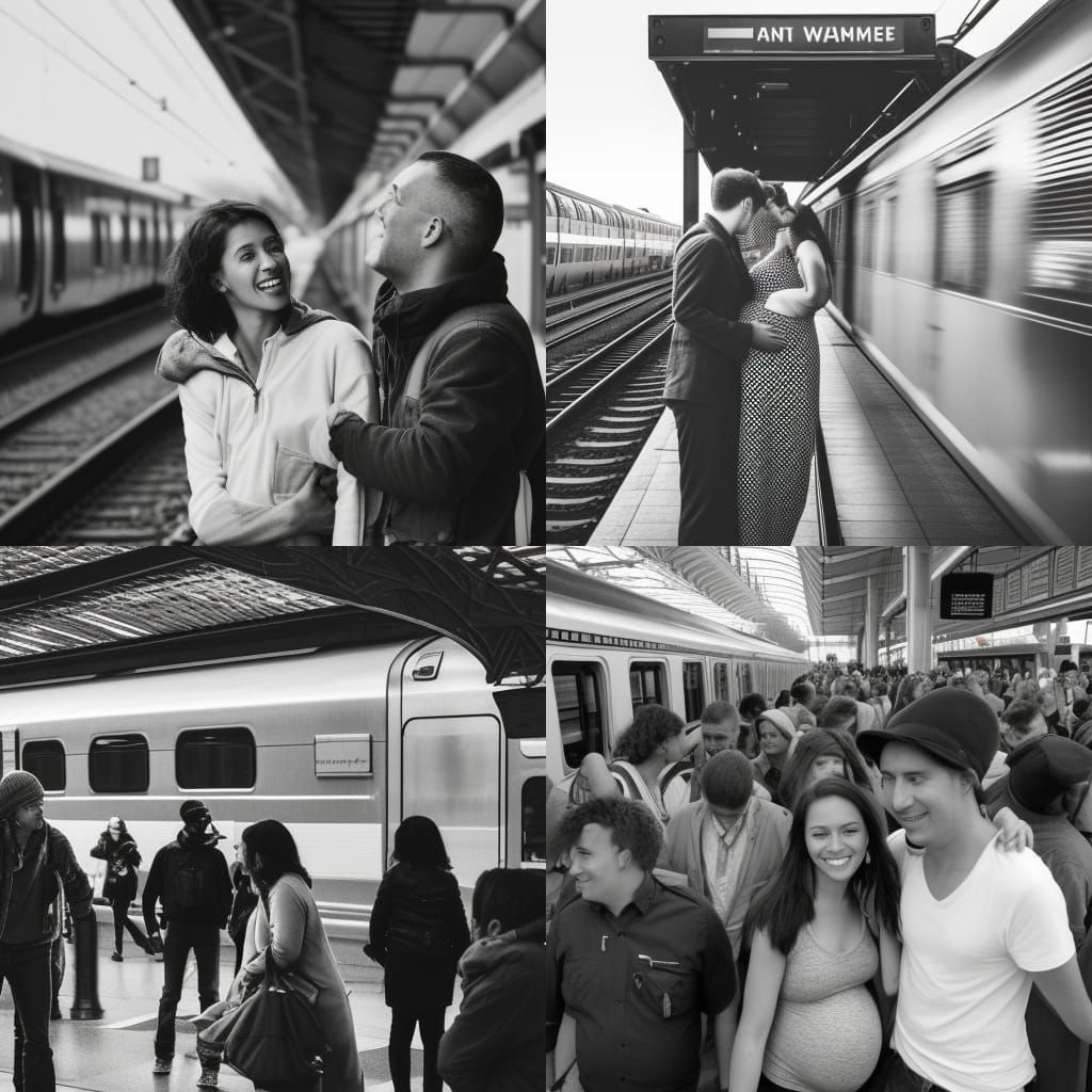 a man and a woman, embracing and smiling, near a train just ...