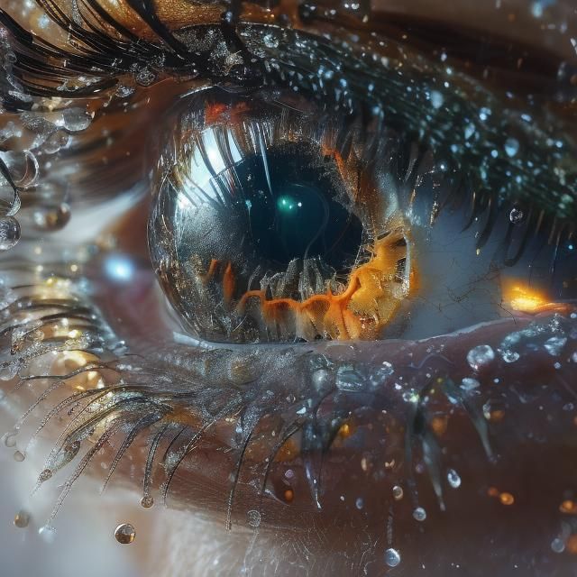 <lora:MJ6 Eyes AR181:1.0> Timeless Tear Drops: Droplets of liquid time welling within the tear ducts of an ancient eye, capturing moments o...